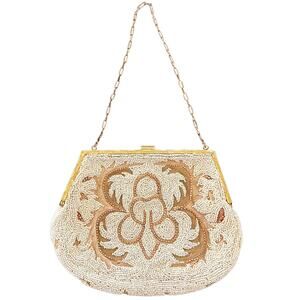 Vintage 1940s 1950s Beaded Evening Purse Gold Frame Chain Floral Bridal Bag
